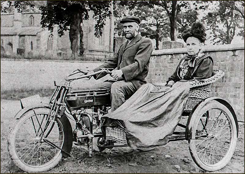 Samuel Heaselden and his wife, Ethel, with motorcycle and wicker sidecar (1920s)